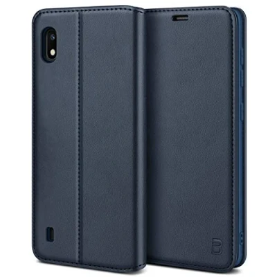 Abbildung von BEZ Handyhülle für Samsung A10 Hülle, Premium Tasche Kompatibel Galaxy A10, Schutzhüllen aus Klappetui mit Kreditkartenhaltern, Ständer, Magnetverschluss, Blaue Marine