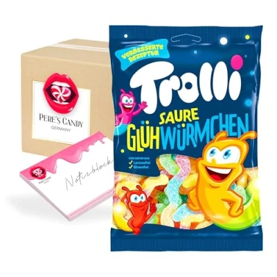 Abbildung von Trolli Saure Glühwürmchen Fruchtgummi 7erPack (7 x 150g) von Pere&#039;s Candy Box mit Geschenk