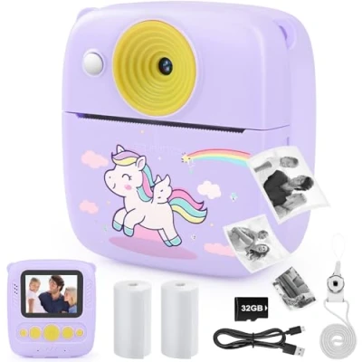 Abbildung von Dhapy Sofortbildkamera Kinder, 48MP Kinderkamera mit Druckpapier &amp; 32G TF Karte, 1080P Digitalkamera Geschenke für Jungen und Mädchen 3 4 5 6 7 8 9 Jahre Purple