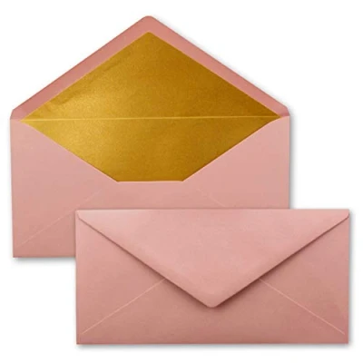 Abbildung von 15 Brief Umschläge DIN Lang Altrosa (Rosa) mit Gold Metallic Innen Futter 110 x 220 mm Nassklebung festliche Kuverts für Weihnachten