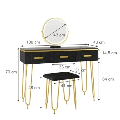 Abbildung von Vicco Schminktisch Layla, Schwarz Hochglanz, 100 cm mit LED Spiegel und Hocker
