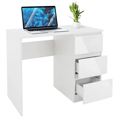 Abbildung von ML DESIGN Schreibtisch Bürotisch mit 3 Schubladen aus Holz Computertisch, Arbeitstisch Weiß Hochglanz Büromöbel PC Tisch Laptoptisch