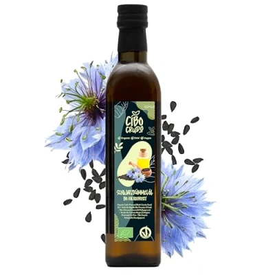 Abbildung von Schwarzkümmelöl Bio Kaltgepresst 500 ml. Nigella Reich an Omega 6 und 9 Kümmelöl für kalte Gerichte, Salate &amp; vegane Küche. Black Seed Oil.