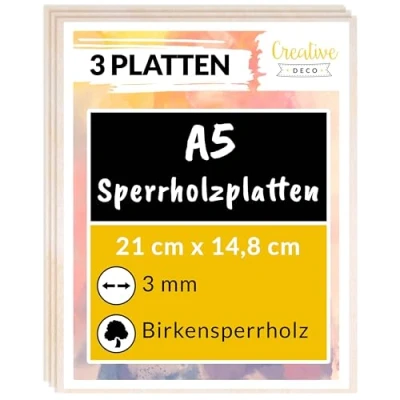 Abbildung von Creative Deco Bastelnaturmaterial Sperrholzplatte Stärke 3mm Birkensperrholz Dünne Holz Zuschnitte, (3 tlg), Perfektes Blatt für Laubsäge, Brandmalerei, Laserschnitt
