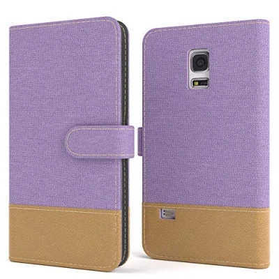 Abbildung von EAZY CASE Tasche kompatibel mit Samsung Galaxy S5 Mini Stoff Schutzhülle Standfunktion Klapphülle Bookstyle, Handytasche Handyhülle Magnetverschluss und Kartenfach, Kunstleder, Lila
