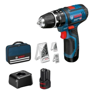 Abbildung von Bosch Professional 12V System Akku Schlagbohrschrauber GSB 15 (Bohr Ø Holz max: 19 mm, inkl. 2x 2.0Ah + Ladegerät, Bohrer Set, 1x Bit Werkzeugtasche) Amazon Exclusive Set