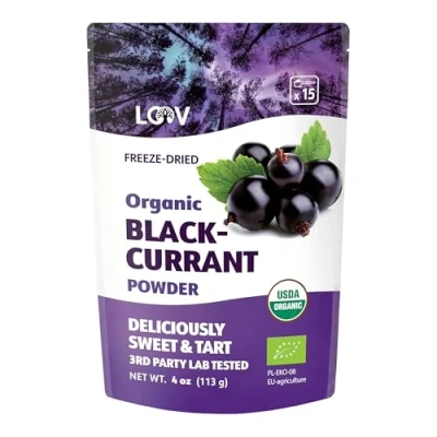 Abbildung von LOOV Bio Schwarze Johannisbeerpulver, Hergestellt aus 100% Ganzen Schwarzen Johannisbeeren, Gefriergetrocknete und Pulverisierte Beeren, Angebaut in Nordeuropa, Ohne Zuckerzusatz, 113 g