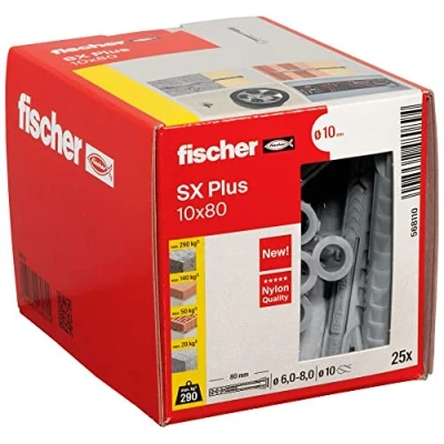 Abbildung von fischer Spreizdübel SX Plus 10 x 80, Schachtel mit 25 Nylondübeln, Dübel für optimalen Halt bei Befestigungen in Beton, Vollziegel, Porenbeton, Hochlochziegel uvm.