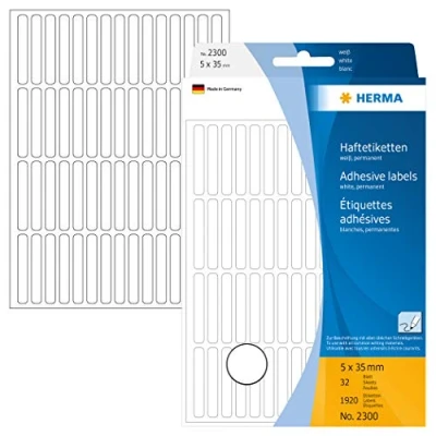 Abbildung von HERMA 2300 Vielzweck Etiketten, 1920 Stück, 5 x 35 mm, 60 pro Bogen, selbstklebend, Haushaltsetiketten zum Beschriften, matt, blanko Papier Klebeetiketten Aufkleber, weiß