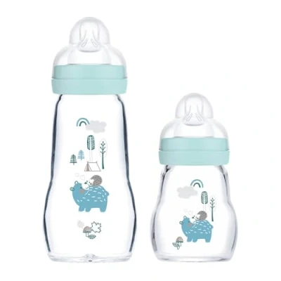 Abbildung von MAM Baby Glas Flaschen 2er Pack Feel Good ab Geburt 170 ml &amp; 260ml, Glass Feeding Bottle, blau