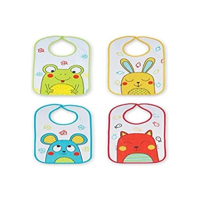 Abbildung von Ti TIN 4er Pack wasserdichte Babylätzchen, 25x35 cm Lätzchen mit Klettverschluss für Babys von 6 bis 18 Monaten, aus 100% Polyester Mikrofaser und Vinyl Futter, verschiedene Motive Farben