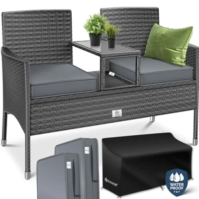 Abbildung von KESSER® Polyrattan Gartenbank 2 Sitzer Bank mit integriertem inkl. Tisch &amp; Kissen 133 x 63 84 cm Rattan Sitzbank Garten Balkon Gartensofa wetterfest Sitzgruppe Ultra Stabile, Anthrazit