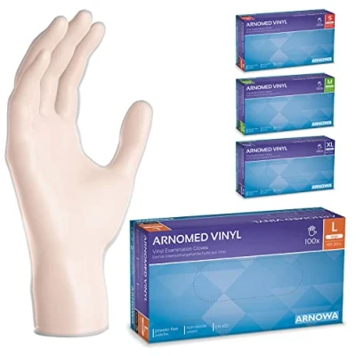 Abbildung von ARNOMED Einweghandschuhe L, Vinyl Handschuhe, Einmalhandschuhe mit 100 Stück/Box, Handschuhe Einweg puderfrei, Gummihandschuhe latexfrei, in S, M, XL