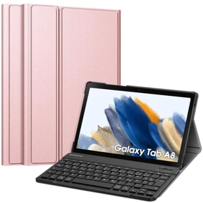 Abbildung von Fintie Tastatur Hülle für Samsung Galaxy Tab A8 10.5 Zoll 2022/2021 SM X200/X205/X207 Keyboard Cover mit Magnetisch Abnehmbarer Deutsches Layout Tastatur, Roségold/Schwarz