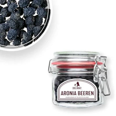 Abbildung von Aroniabeeren getrocknet BIO 130g im Premium Drahtbügelglas EDEL KRAUT Aronia Beere (ganz) [Aronia Melanocarpa] Superfood RAW VEGAN kbA Beeren aus kontrolliert biologischem Anbau