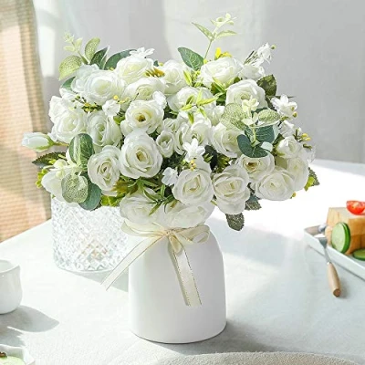 Abbildung von LESING Künstliche Seidenrose mit Vase, Kunstblumen, Hochzeitsblumen, Blumensträuße, Arrangement, Zuhause, Büro, Party, Tafelaufsatz, Tischdekoration (weiß)