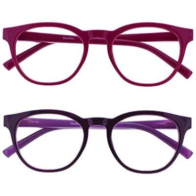 Abbildung von OPULIZE Blu Brille Blaulichtfilter 2er Pack Cool Rund Rahmen Federscharniere Verbessern Den Schlaf Computerbrille Gaming Entspiegelt Rosa Lila Herren Damen BB5 45 +0.00