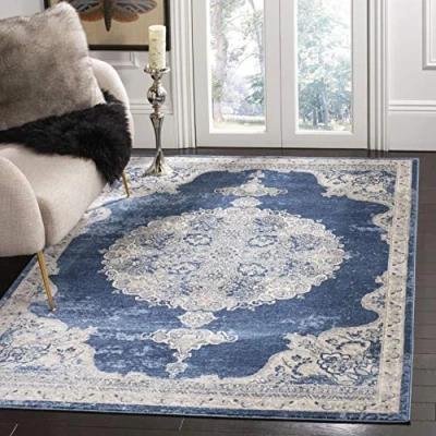 Abbildung von SAFAVIEH Traditionell Teppich für Wohnzimmer, Esszimmer, Schlafzimmer Brentwood Collection, Kurzer Flor, Marineblau und Hellgrau, 122 X 183 cm