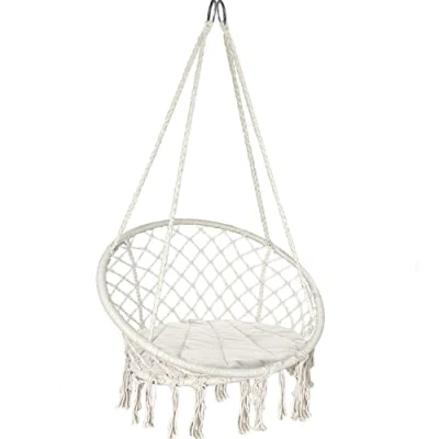Abbildung von VOUNOT Hängesessel mit Fransen und bequemen Sitzkissen, Durchmesser 80 cm, Schaukelstuhl für drinnen draußen, Hängesitz, Beige