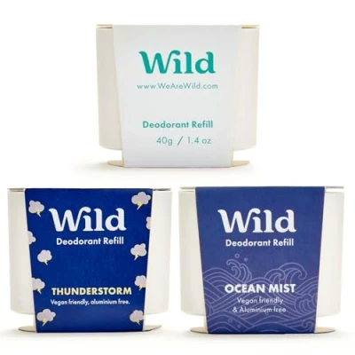 Abbildung von Wild Natürliches nachfüllbares Deo Aluminiumsalzfrei Nachfüll Sortenpaket enthält Fresh Cotton &amp; Sea Salt, Ocean Mist und Thunderstorm Düfte Lang anhaltender Schutz