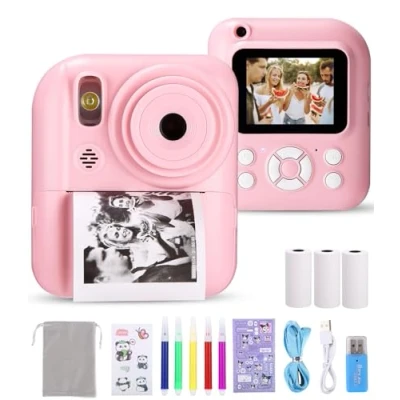 Abbildung von Ixydor Kinderkamera Sofortbildkamera,1080P 2,4 Zoll Bildschirm Sofortbildkamera Kinder,Videokamera Kamera Kinder mitmit Druckpapier &amp; 32GB Karte, Weihnachten Geschenk für 3 12 Jahren (Rosa)