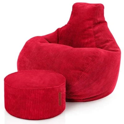 Abbildung von Green Bean Sitzsack mit Hocker aus Cord Sitzsäcke für das Wohnzimmer, Schlafzimmer, Sessel Erwachsene Rot