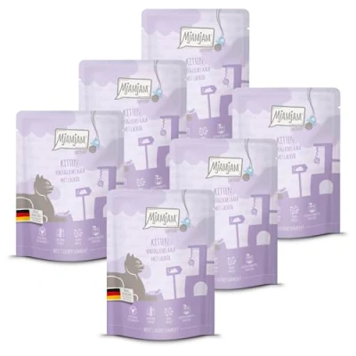 Abbildung von MjAMjAM Premium Nassfutter für Katzen Quetschie Kitten vorzügliches Kalb mit Lachsöl 300g, 6er Pack (6 x 300g), naturbelassen extra viel Fleisch