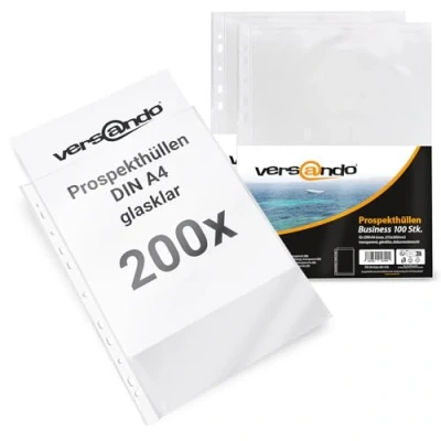 Abbildung von versando 200x A4 Prospekthüllen Business mit Heftrand Klarsichthüllen glasklar transparent 60my (2x 100 Stück)