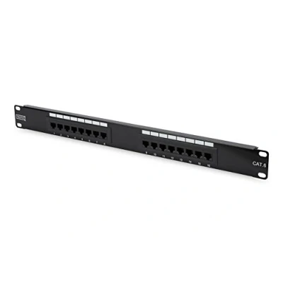 Abbildung von DIGITUS Patchpanel 19 Zoll Cat 6 16 Port RJ45 Ungeschirmt LSA Patch Feld Rack Montage 1HE Schwarz