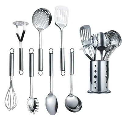 Abbildung von Berglander Edelstahl Kochset 7 teilig mit 1 Ständer, Kochlöffel Set aus Edelstahl, geschlitztem Tuner, Schöpfkelle, Abschäumer, Servierlöffel, Pasta Server, Kartoffel Mäher