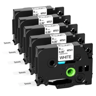 Abbildung von Fimax Kompatibel Schriftband TZe 221 Ersatz für Brother P Touch Bänder Cassette 9mm Schwarz auf Weiß TZe221 Tz Laminiertes Etikettenband PT H105 H100LB H107B 100LB E100 1005 1000 900, 5 Pack