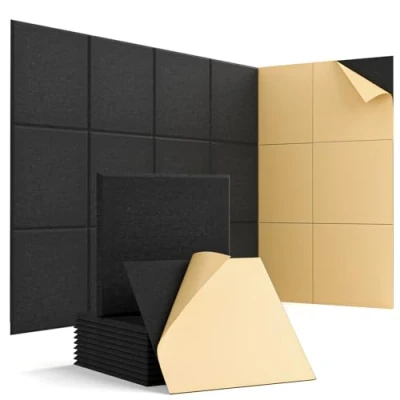 Abbildung von Woovio Akustikpaneele Selbstklebend 12 Stück Schallabsorberplatten, 30x30x0.9cm Schalldämmung Hohe Dichte Akustikplatten, Polyester Schallabsorber Schallschutz fur Studio, Büro und Tonstudio, Schwarz