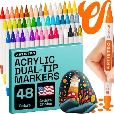 Abbildung von Artistro Acrylstifte 48 Farben, Marker Stifte mit 2 Spitze Pinsel und Punkt, Wasserfeste Stifte, Acrylic für Steine Bemalen, Stoff, Leinwand, Glas, Holz, Papier, DIY Crafts