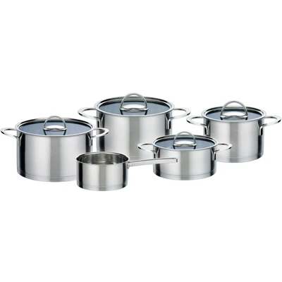 Abbildung von GSW Topf Set &quot;Elegance&quot;, Edelstahl 18/8, (Set, 9 tlg., 1 Bratentopf 20cm, je Fleischtopf 16/20/24cm, Stielkasserolle 16cm), handfreundliche Kaltmetallgriffe, Literskala. Induktion