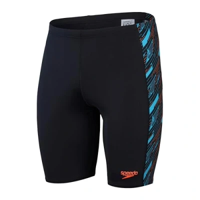 Abbildung von Speedo Hyperboom Panel Schwimmhose Schwimmtraining Fitness Chlorbeständig für Herren, Schwarz, Picton Blau, Sirenenrot, 26