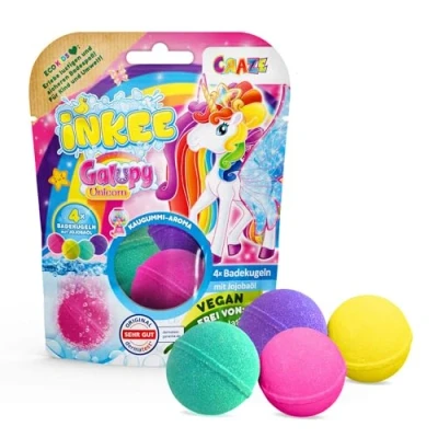 Abbildung von INKEE Galupy Unicorn 4 Badebomben Kinder, Einhorn Badekugeln 4x 50g, Kaugummi Aroma &amp; Jojobaöl