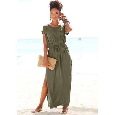 Abbildung von LASCANA Strandkleid, aus leicht transparenter Webware, Maxikleid mit Schlitz, Sommerkleid