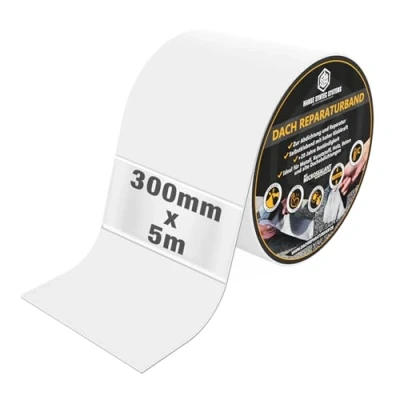 Abbildung von HSS® Dach Reparaturband, MicroSealant Klebstoff, effektiv, beständig und universell einsetzbar, wasserdichtes Klebeband, verbessertes Butylband, SKZ geprüft (Weiß, 300mm/5m)