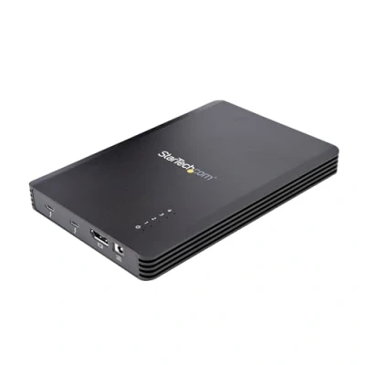 Abbildung von StarTech.com 4 Bay Thunderbolt 3 NVMe Gehäuse, für M.2 SSD Laufwerke, 1x DisplayPort Video/ 2X TB3 Downstream Ports, 40Gbit/s, 72W Stromversorgung, Externes Festplattengehäuse (M2E4BTB3), Black