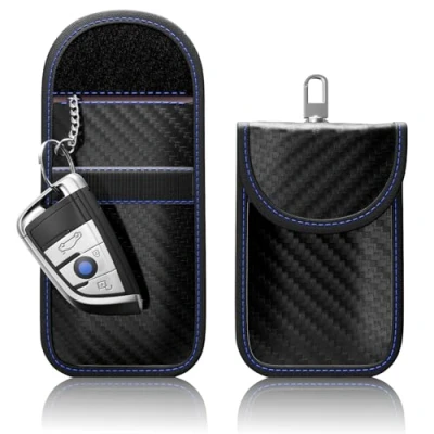 Abbildung von 2 Stück FOAMO Keyless Go Schutz Autoschlüssel Funkschlüssel RFID Abschirmung Blocker Schlüssel Tasche Schlüsseletui Carbon Schwarz Blau
