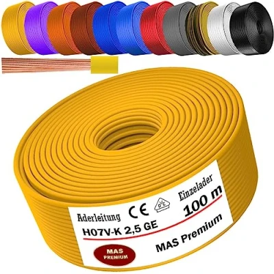 Abbildung von MAS Premium Aderleitung H07 V K 1x2,5 mm² HBL GRGE RT DBL BR OR GR WS VIO oder GE Einzelader flexibel Von 5 bis 100m (Gelb, 100m)