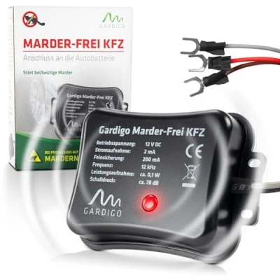 Abbildung von Gardigo® Marderschreck Marder Frei KFZ I 25 Jahre Erfahrung Marderabwehr Auto Anschluss an 12V Autobatterie Marderschutz für Abwehr gegen vertreiben Motorschutz