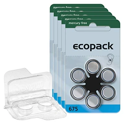 Abbildung von 30x ecopack Hörgerätebatterien 675 (Blau), 5x6er Blister PR44 1,4V + Aufbewahrungsbox für 2 (alle Größen), transparente Batteriebox Zwei Knopfzellen bis 12 mm x 6 (Ø H)