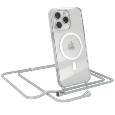 Abbildung von EAZY CASE Handykette kompatibel mit iPhone 15 Pro Max Kette zum Umhängen Stoßfest Handyhülle für Silikon Hülle Band Transparent als Fallschutz in Grau/Weiß Clips Silber