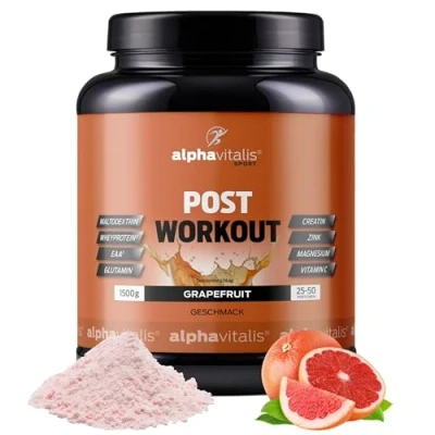 Abbildung von Post Workout Shake 1500g Grapefruit mit Maltodextrin Whey Protein EAA (essentielle Aminosäuren), Creatin Monohydrat, L Glutamin, Magnesium uvm. Drink Made in Germany