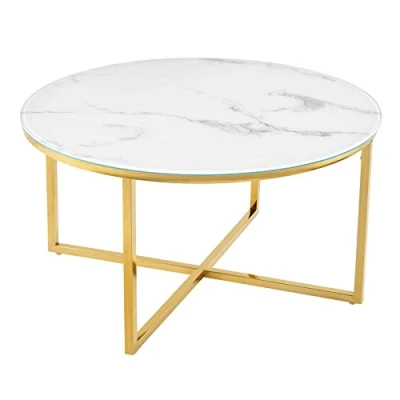 Abbildung von riess ambiente Couchtisch BOUTIQUE 80cm weiß / gold (1 St), Glas · Metall Marmor Optik Wohnzimmer Modern Design