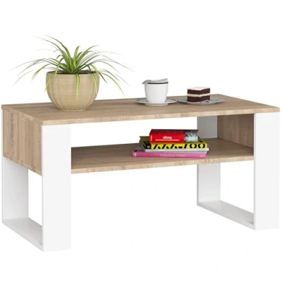 Abbildung von AKORD Couchtisch Holz DOMI mit einem Regal 92x45x53cm Für Wohnzimmer Schlafzimmer Schrank Minimalistisch Modernes Design Schichtstoffplatte 16mm Eiche Sonoma + weiße Beine
