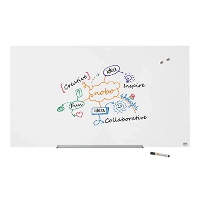 Abbildung von Nobo Glas Magnet Whiteboard mit herausnehmbarem Stiftehalter, 1260 x 710 mm, InvisaMount Befestigungssystem, Impression Pro, Brillantweiß, 1905177