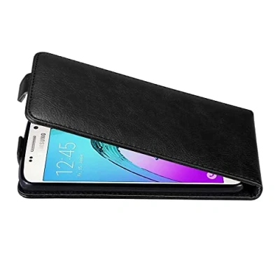 Abbildung von Cadorabo Hülle kompatibel mit Samsung Galaxy A3 2016 Flip Design aus Premium Kunst Leder Klappbare Stoßfeste Magnetische Cover für Tasche in Schwarz