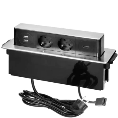Abbildung von ORNO GM 9016(GS)/B G Versenkbare Einbau Steckdosenleiste 2 Fach mit x USB 3680W Anschlussfertig 2m Kabellänge Schukokabel,Farbe: Schwarz und Silber (3 Steckplätze HDMI)